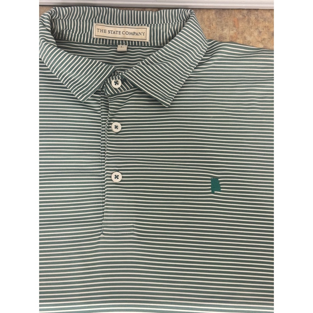 The State Company Polo Shirt Alabama Mens Large Green Striped Short Sleeve Golf